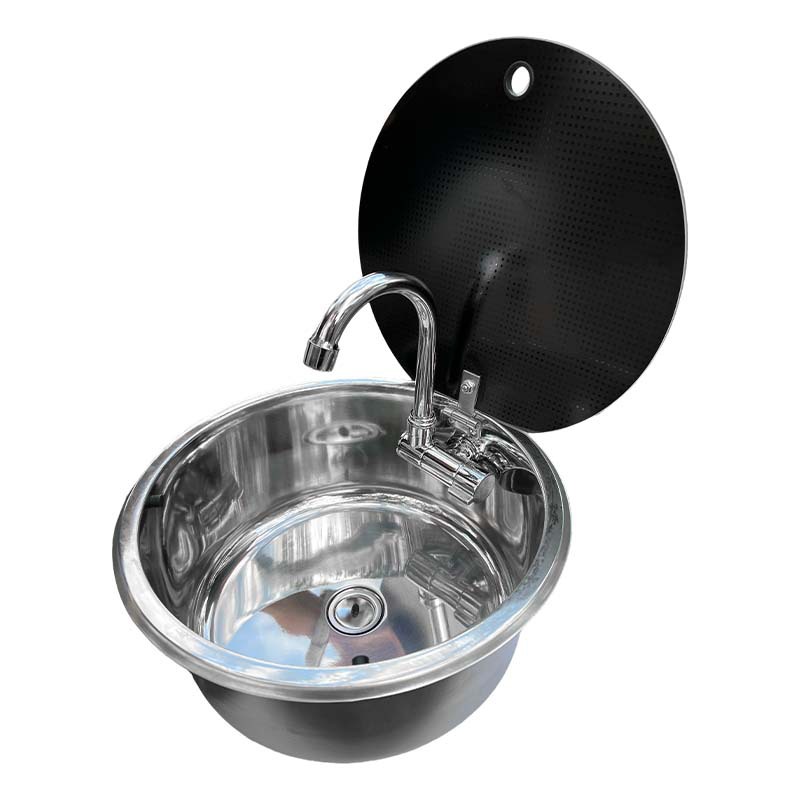 Kitchen - อ่างล้างจานทรงกลมแบบมีฝาปิด RV พร้อมฝาพับได้สำหรับครัว อ่างล้างจานแบบช่องเดียว สแตนเลส 304