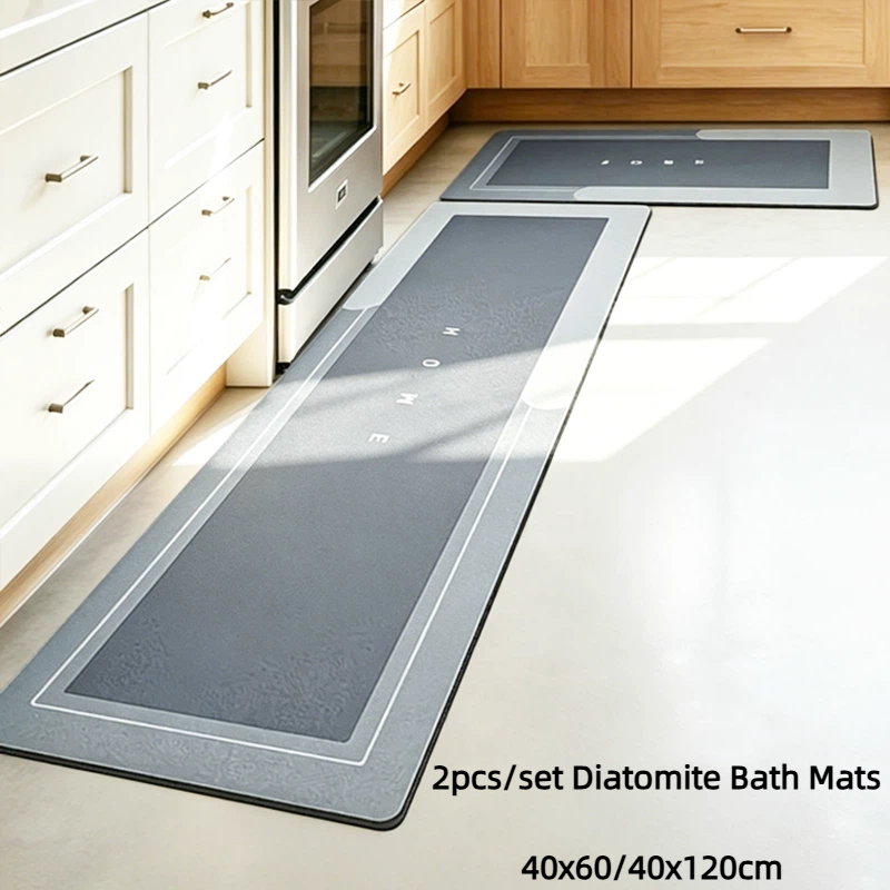 Quick Dry Diatomite Bath Mat - 2 ชิ้น/ชุด พรมเช็ดเท้าไดอะโทไมต์ สำหรับห้องน้ำและห้องครัว ซับน้ำได้ดี กันลื่น