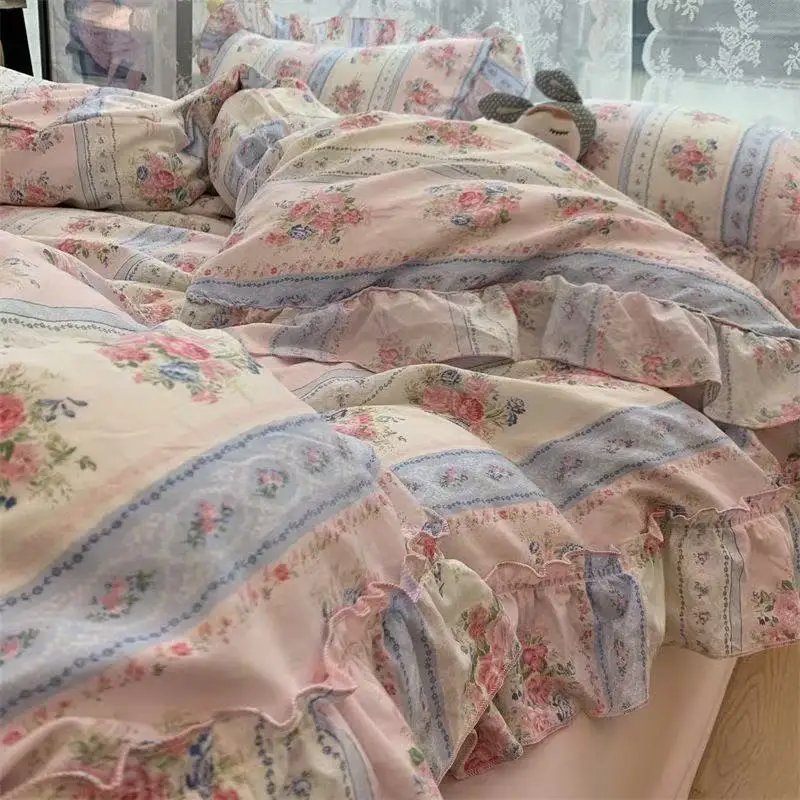 Aesthetic Floral Duvet Cover - สไตล์เกาหลีเจ้าหญิงดอกไม้ชุดเครื่องนอนผ้าฝ้ายล้าง Vintage French Pastoral ดอกไม้ลูกไม้ ruffles