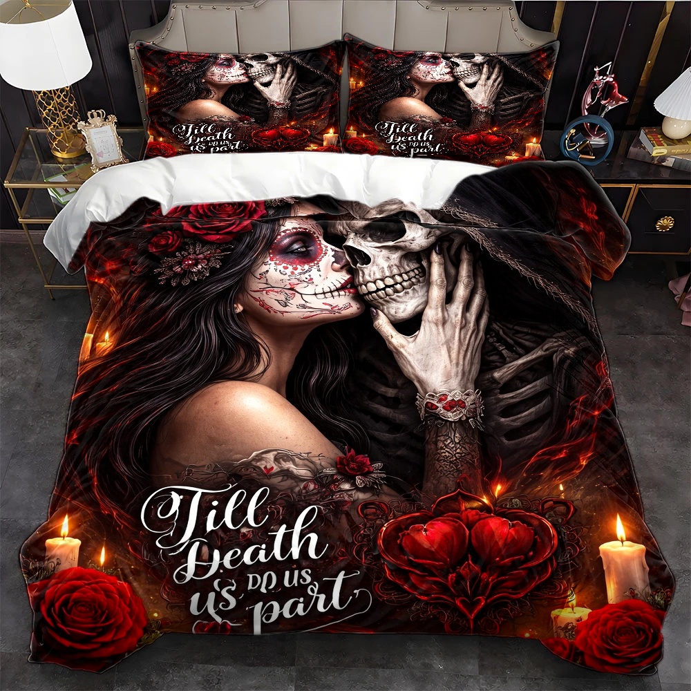 Duvet Cover Sets With Zipper - ชุดผ้าปูที่นอนลายกุหลาบหัวกะโหลก 