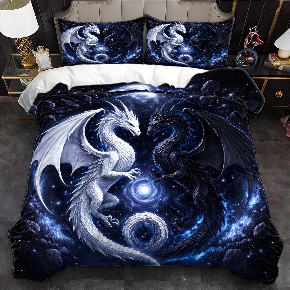 Duvet Cover Sets With Zipper - ชุดผ้าปูที่นอนลายมังกรท้องฟ้าจำลอง 3 ชิ้น (1 ผ้าห่ม +