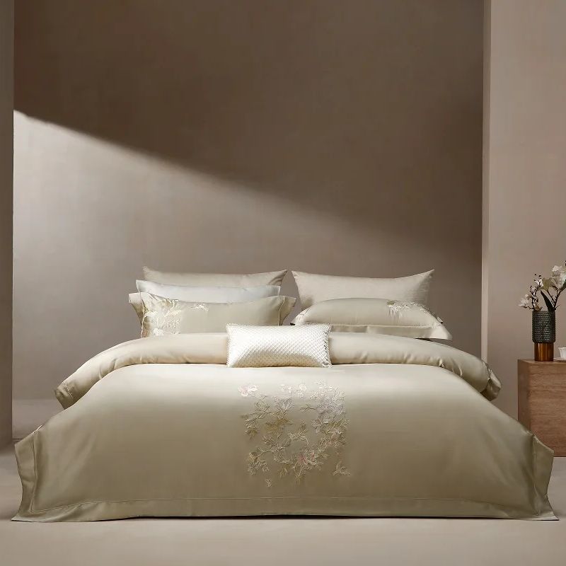 Aesthetic Floral Duvet Cover - ชุดเครื่องนอนหรูหรา ผ้าปูที่นอนปักลายดอกไม้ ผ้าฝ้ายไลโอเซลล์เนื้อละเอียด พร้อมปลอกผ้านวม ผ้าปูที่นอนแบบเรียบ/รัดมุม และปลอกหมอน