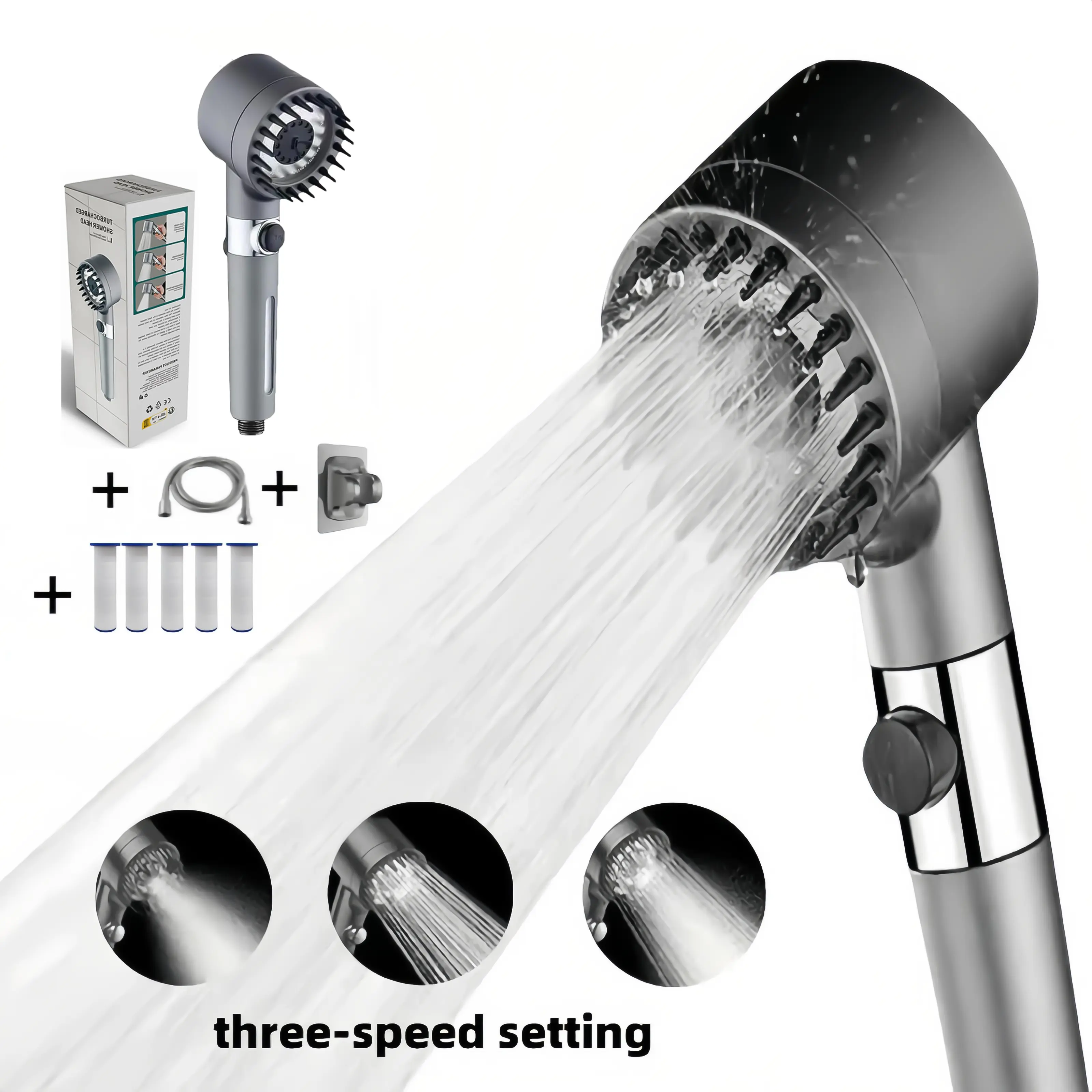 High Pressure Shower Head Handheld - หัวฝักบัวมือถือแรงดันสูงพร้อมระบบกรองและละอองไอออน, หัวฝักบัวแรงดันสูง 4 โหมดการฉีดน้ำ พร้อมระบบกรองในตัว, สวิตช์เปิด/ปิดและหยุดน้ำ,