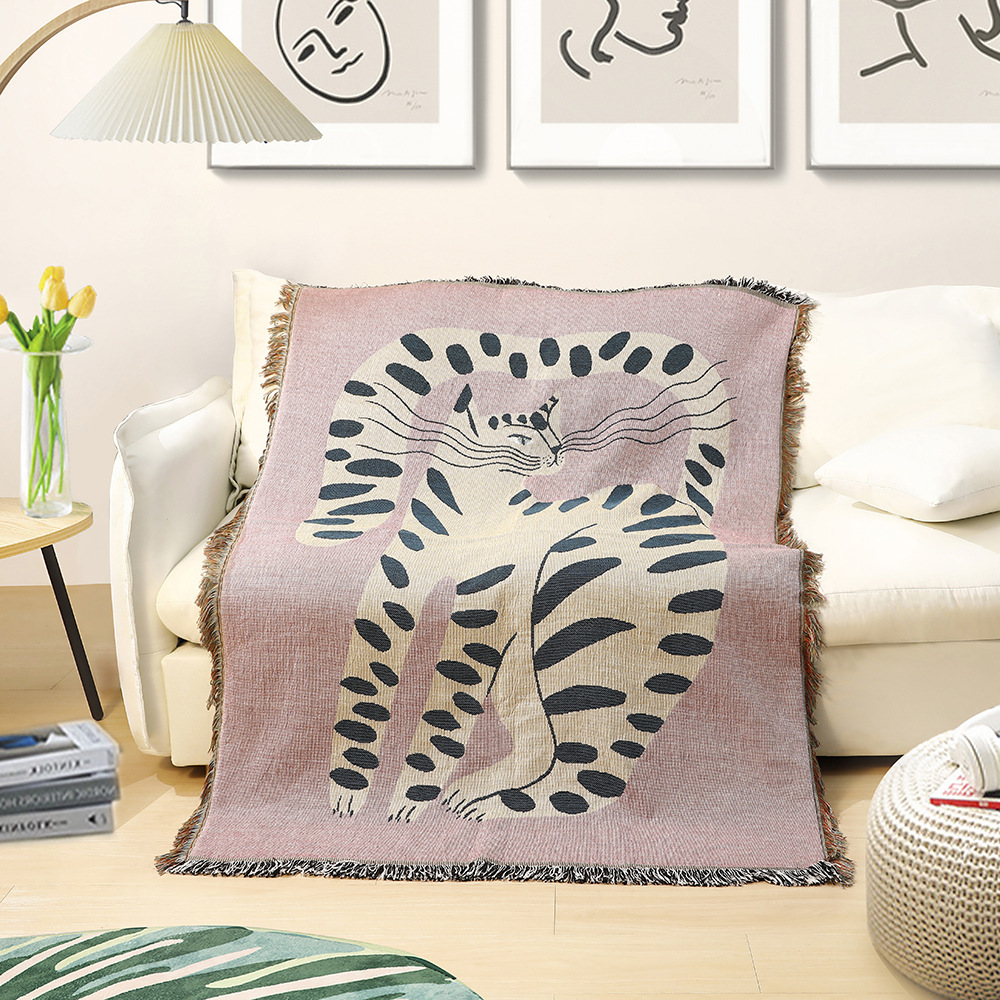 Boho Throw Blanket Fringe - ผ้าห่มลายแมวสไตล์โบฮีเมียน ผ้าทอพิมพ์ลายเสือดาว พร้อมพู่ห้อยตกแต่ง ลายสัตว์สไตล์โบฮีเมียน