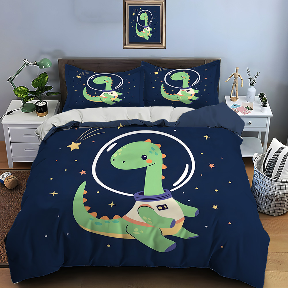 Duvet Cover Sets With Zipper - ชุดผ้าปูที่นอนลายไดโนเสาร์อวกาศพร้อมพื้นหลังลายดาว ชุดผ้าปูที่นอนโพลีเอสเตอร์พิมพ์ลายดิจิตอลพร้อมซิปปิดสำหรับเป็นของขวัญสำหรับเด็ก
